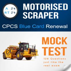 Cover image of the A24 - RT24 Motorised Scraper NOCN CPCS Blue Card Renewal Mock Test PDF featuring 128 questions and answers for practice.