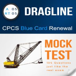 Image of a practice test resource cover featuring 'A05 - RT05 Dragline Citb NOCN CPCS Blue Card Renewal Mock Test.' The text highlights '105 Questions and Answers PDF' for theory practice tests.
