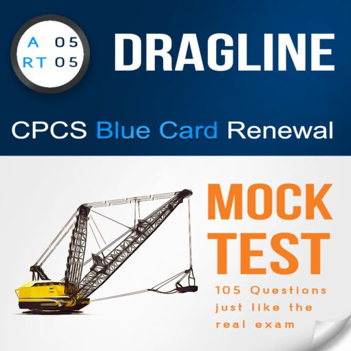 Image of a practice test resource cover featuring 'A05 - RT05 Dragline Citb NOCN CPCS Blue Card Renewal Mock Test.' The text highlights '105 Questions and Answers PDF' for theory practice tests.