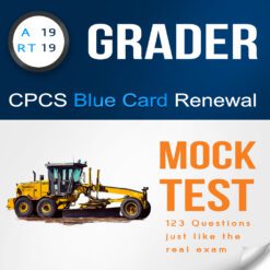 Image displaying A19 - RT19 Grader Citb NOCN CPCS blue card renewal mock test cover, indicating a theory practice test with 123 multiple choice questions and answers in a PDF format.