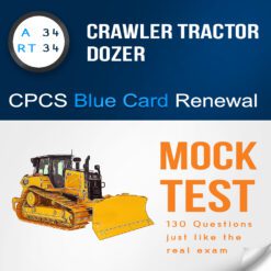 Image showing the front cover of the A34 - RT34 Crawler Tractor Dozer Citb NOCN CPCS blue card renewal mock test. The cover displays a title mentioning the practice test for CPCS blue card renewal with 130 multiple-choice questions and answers in a PDF format.