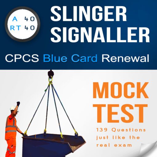 Cover image displaying A40 - RT40 Slinger Signaller CPCS Blue Card Renewal Mock Test with 139 multiple-choice questions and answers PDF